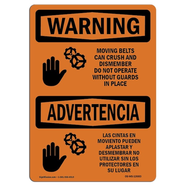 OSHA WARNING Sign, Moving Belts Can Crush Bilingual, 18in X 12in Aluminum, 12" W, 18" L, Landscape